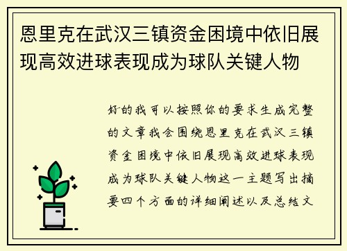 恩里克在武汉三镇资金困境中依旧展现高效进球表现成为球队关键人物 恩里克在武汉三镇资金困境中依旧展现高效进球表现成为球队关键人物