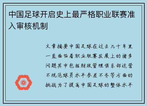 中国足球开启史上最严格职业联赛准入审核机制